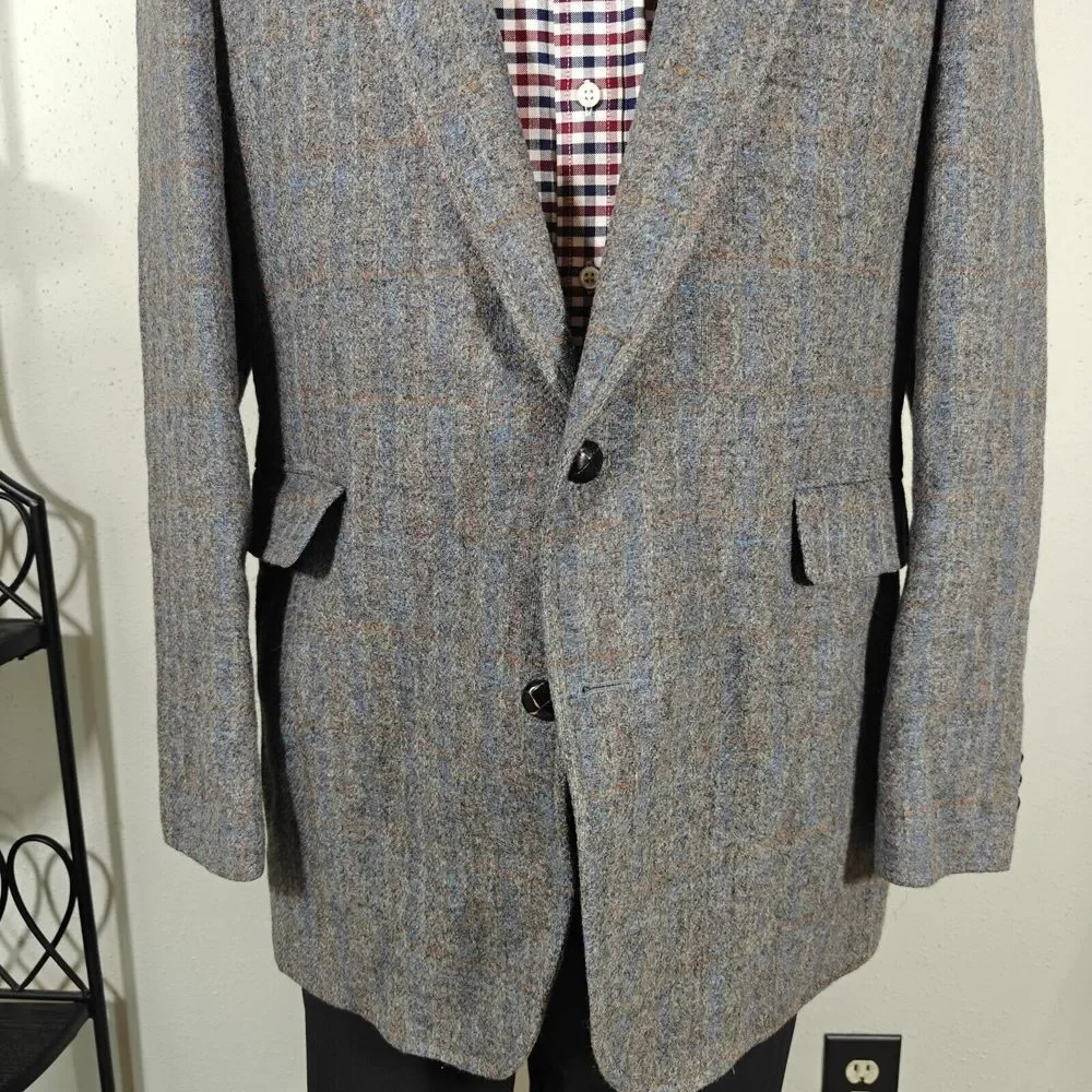 Vtg Hardwick‎ Men's Tweed Sport Coat Blazer Two Button Blue Plaid Wool about 45R